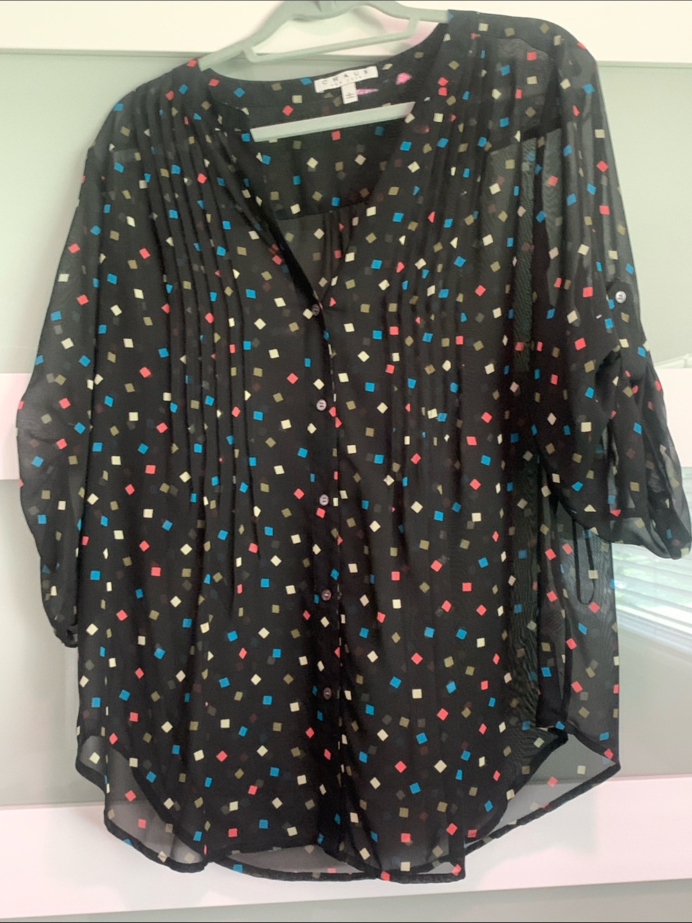 Chaus Black Sheer Blouse with Multicolor Square Print